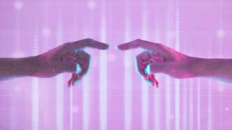 Metaverso, contacto y manos de personas en el mundo digital para la conexión, la comunicación y las redes sociales. Futurista, neón y dedos para la experiencia de realidad virtual, la conectividad y la innovación creativa.