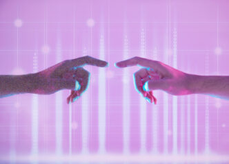 Metaverso, contacto y manos de personas en el mundo digital para la conexión, la comunicación y las redes sociales. Futurista, neón y dedos para la experiencia de realidad virtual, la conectividad y la innovación creativa.