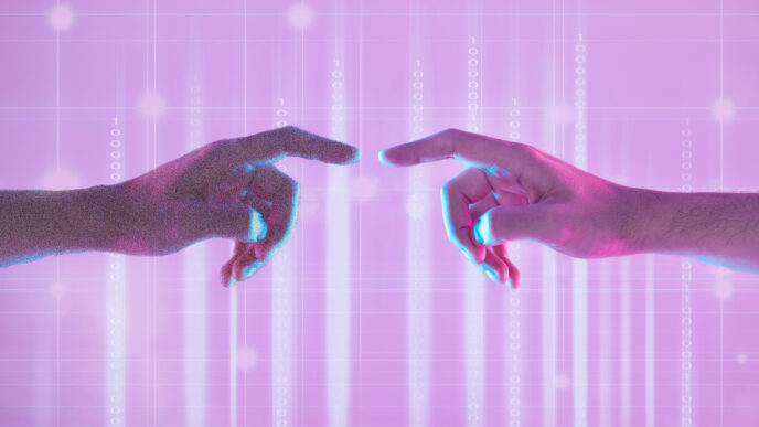 Metaverso, contacto y manos de personas en el mundo digital para la conexión, la comunicación y las redes sociales. Futurista, neón y dedos para la experiencia de realidad virtual, la conectividad y la innovación creativa.