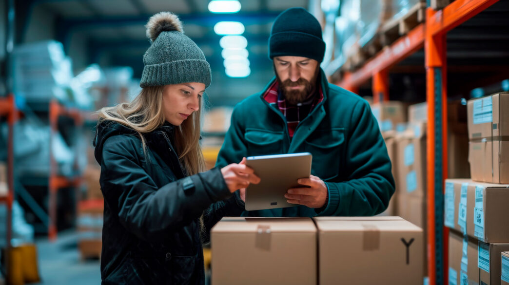 Dos personas en un almacén de un e-commerce gestionando la logística